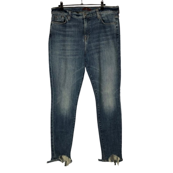 7 For All Mankind Medium Blue Wash Distressed Hem Skinny Jeans 32 - Picture 1 of 4